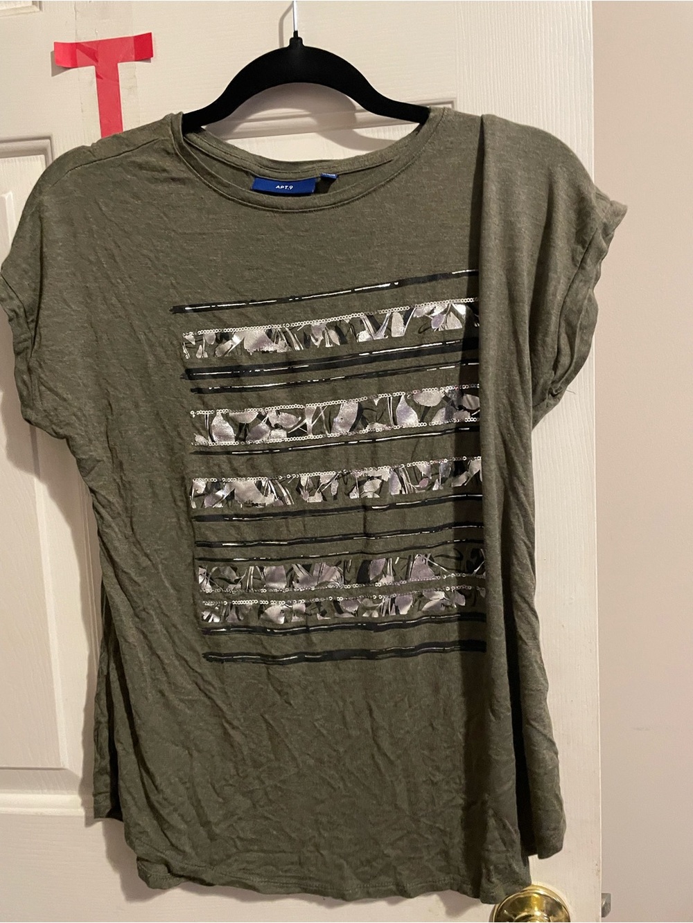 APT. 9 Olive Green Silver Floral Sequin Embellished Tee Small